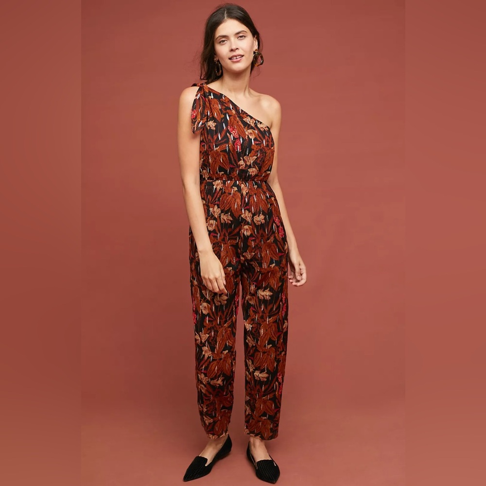 Anthropologie One-Shoulder Jumpsuit in Multicolor Print